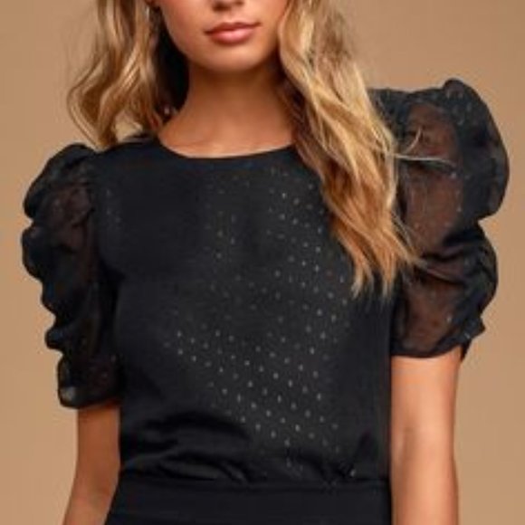 Lulus Tops - Lulu’s Truly Cherished Black Swiss Dot Puff Sleeve